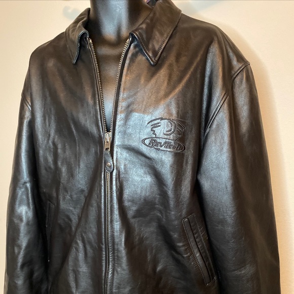 ❤️Sold Rev Tech Mens Black Quality Leather Bomber Moto Jacket Logo Size XXLT - Picture 4 of 12